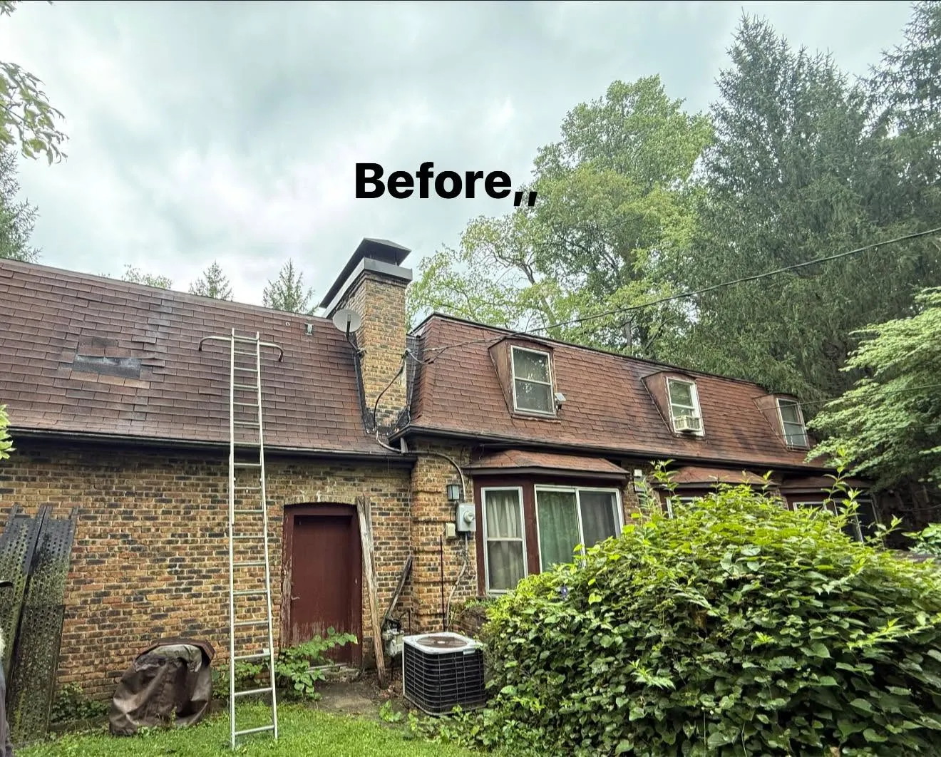 The old roof before the work, worn and patched across the slope, labelled Before