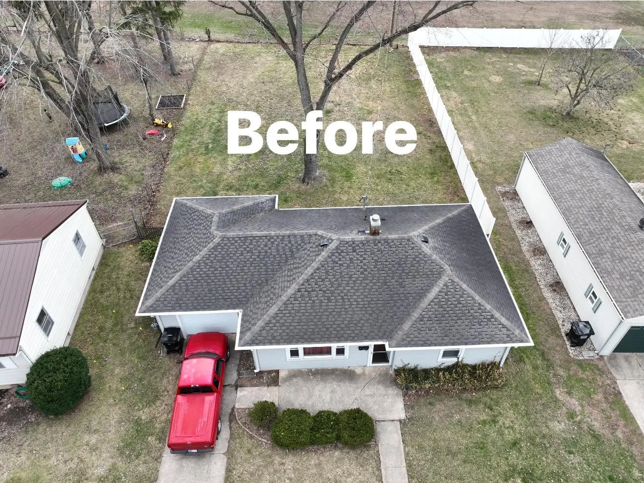 The old worn shingle roof before the work started, labelled Before