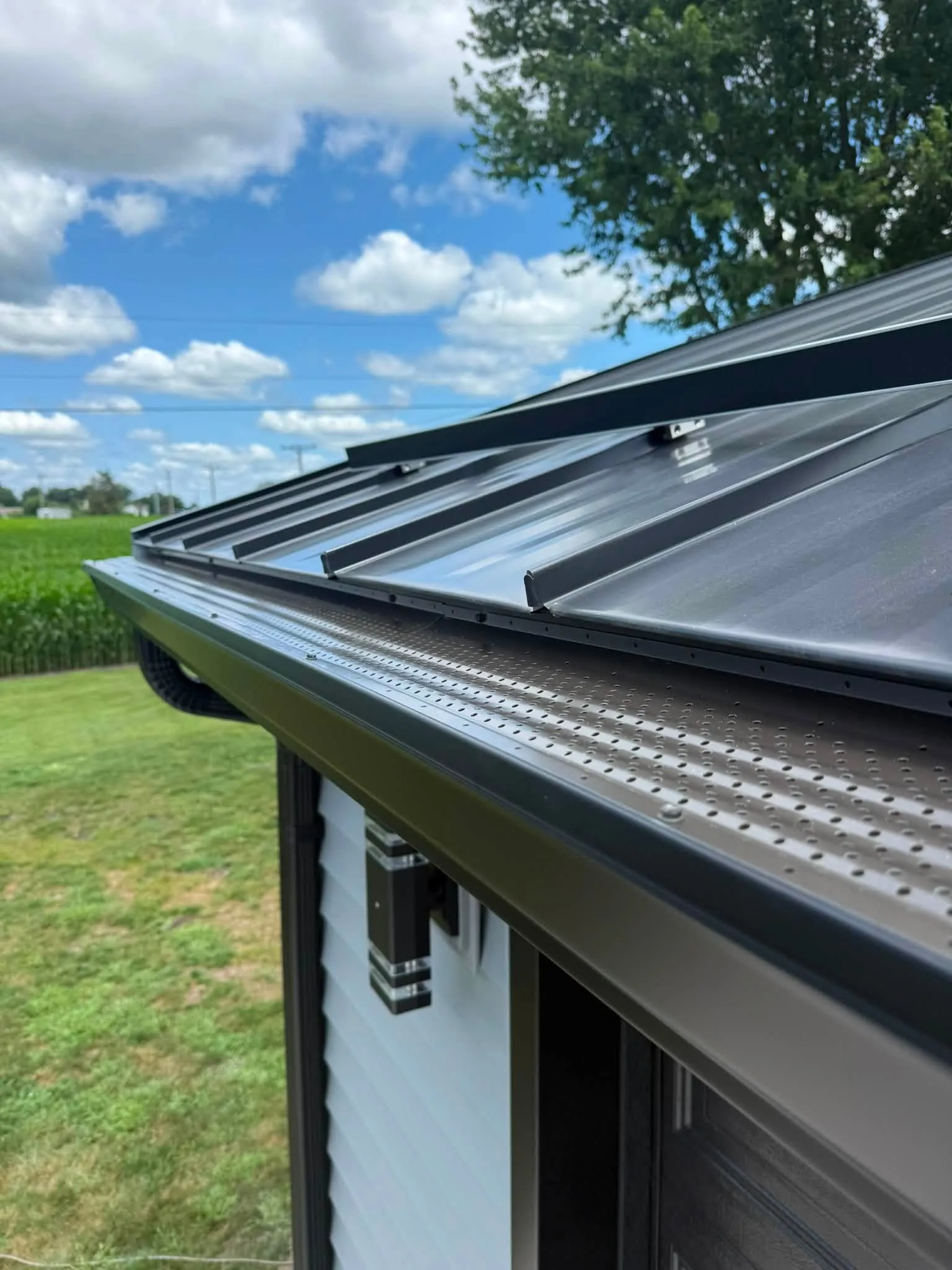 Close view along the new black seamless gutter and its perforated leaf guard, with the metal roof panels above