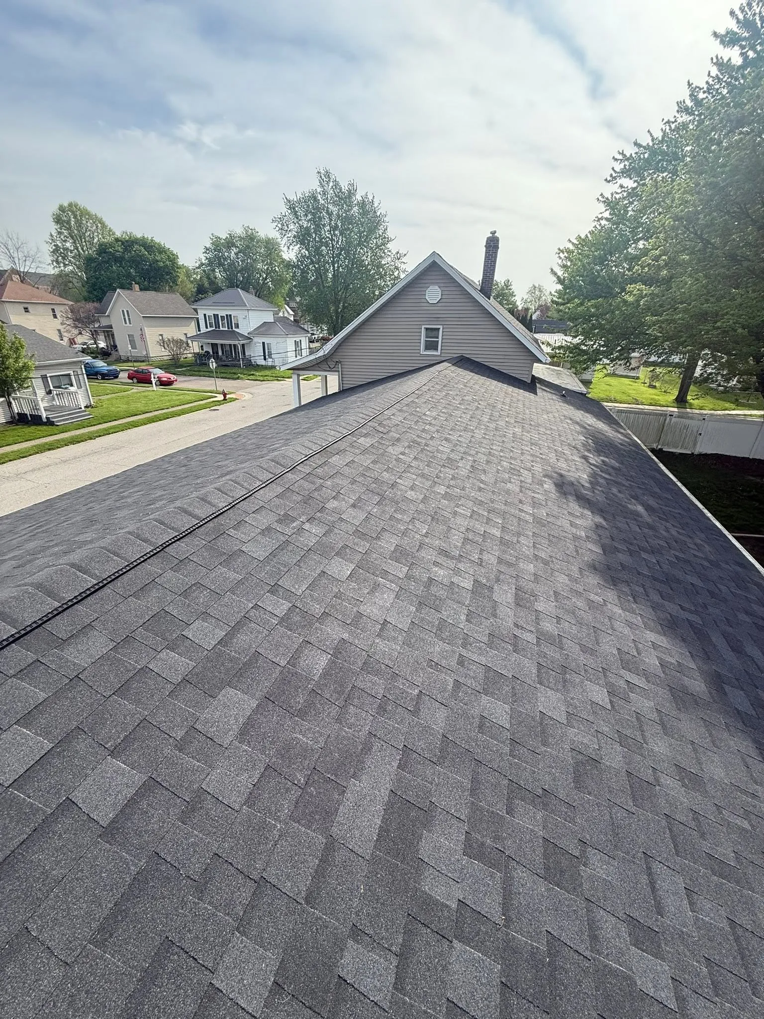 The new roof from the other end of the ridge, looking toward the gable end and the chimney