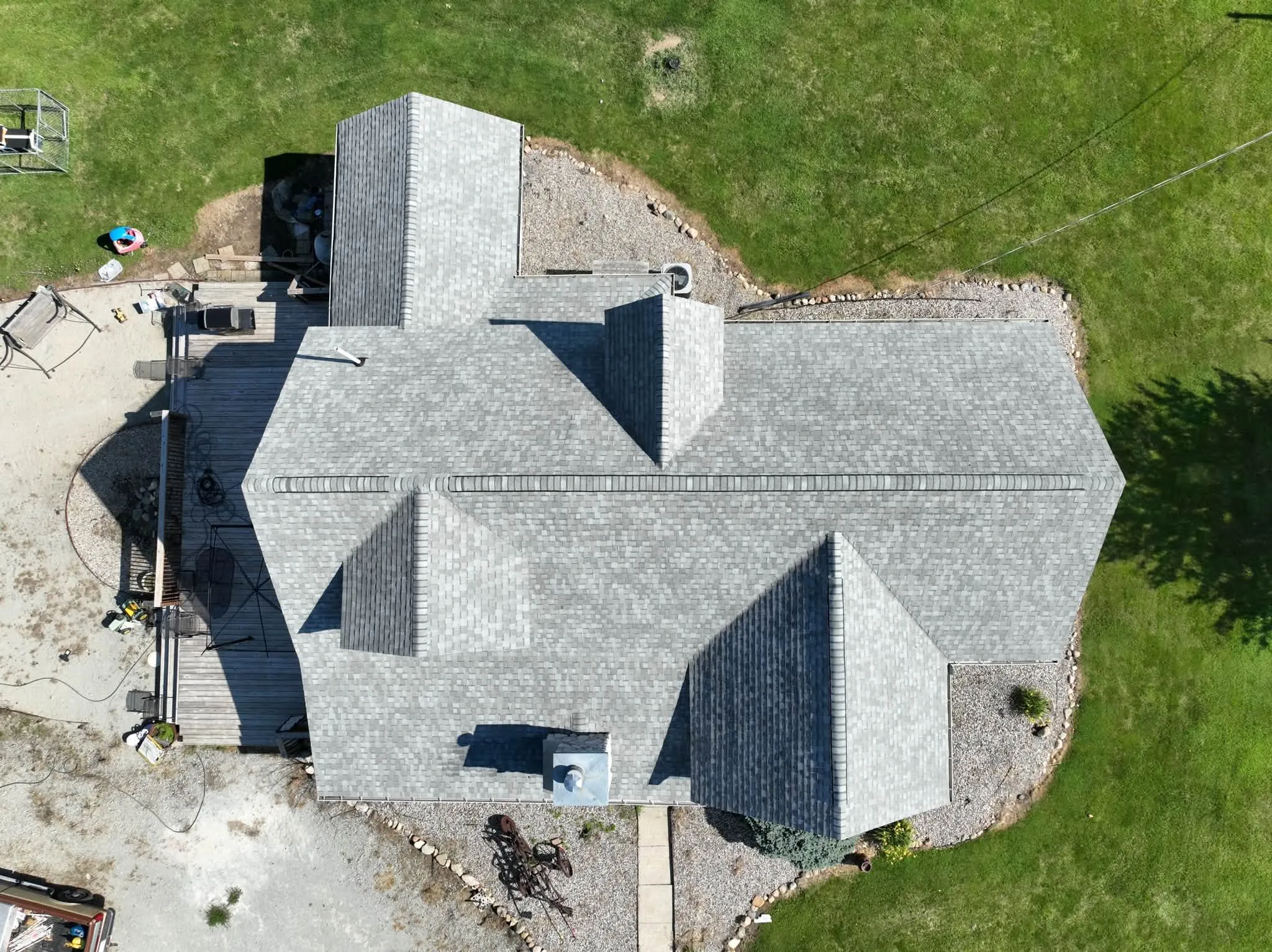 Straight-down view of the completed roof, showing the valleys where the wings meet the main run