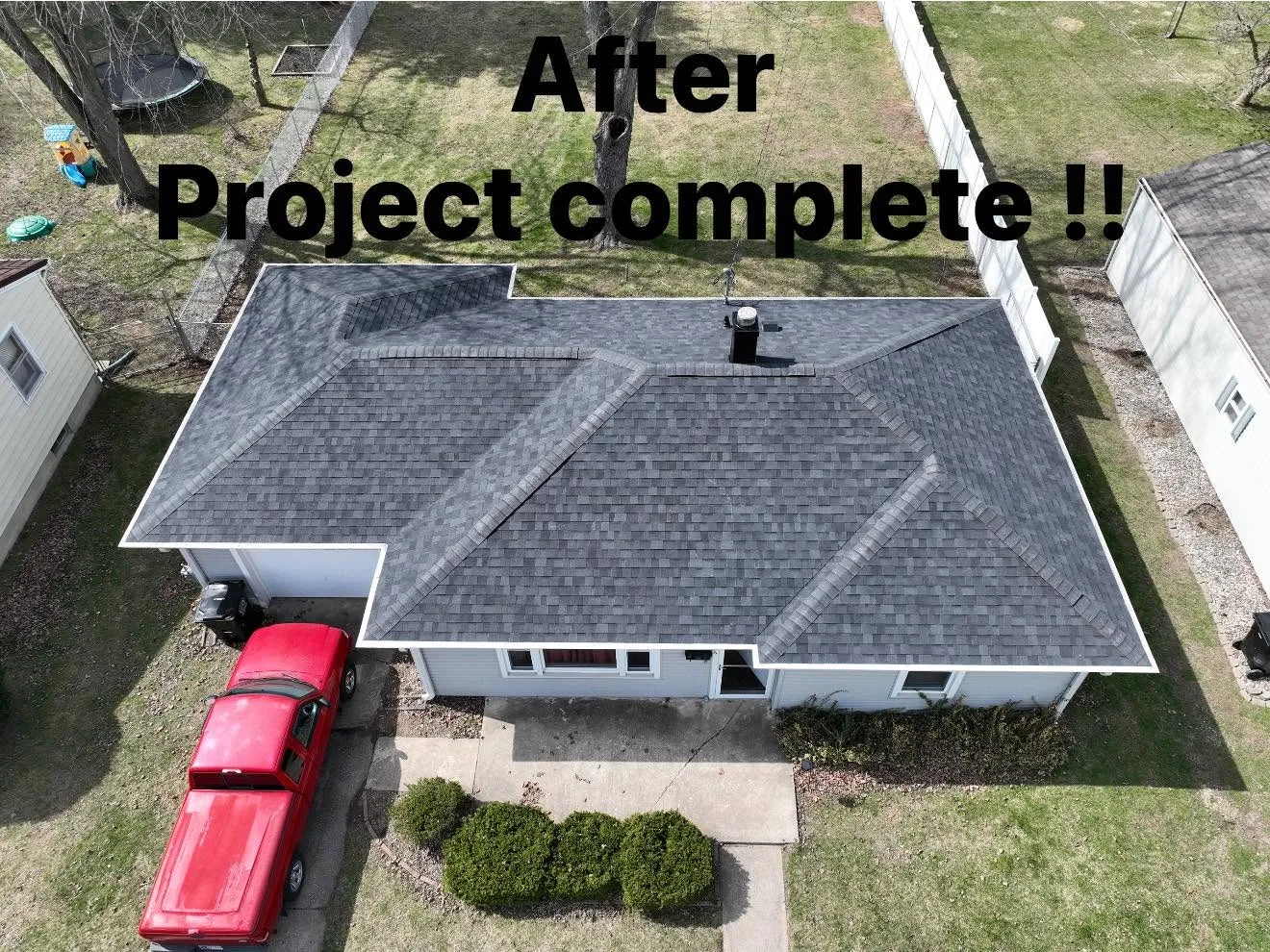 The completed roof from the air, labelled After, project complete
