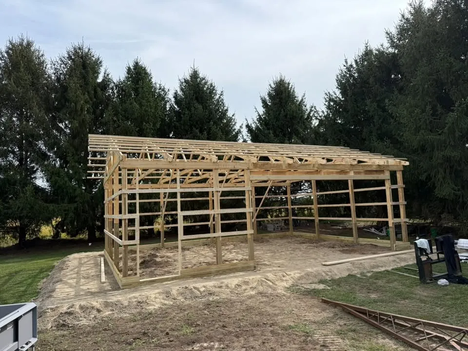 The wood frame with its trusses set, before any steel went on, in front of a row of evergreens