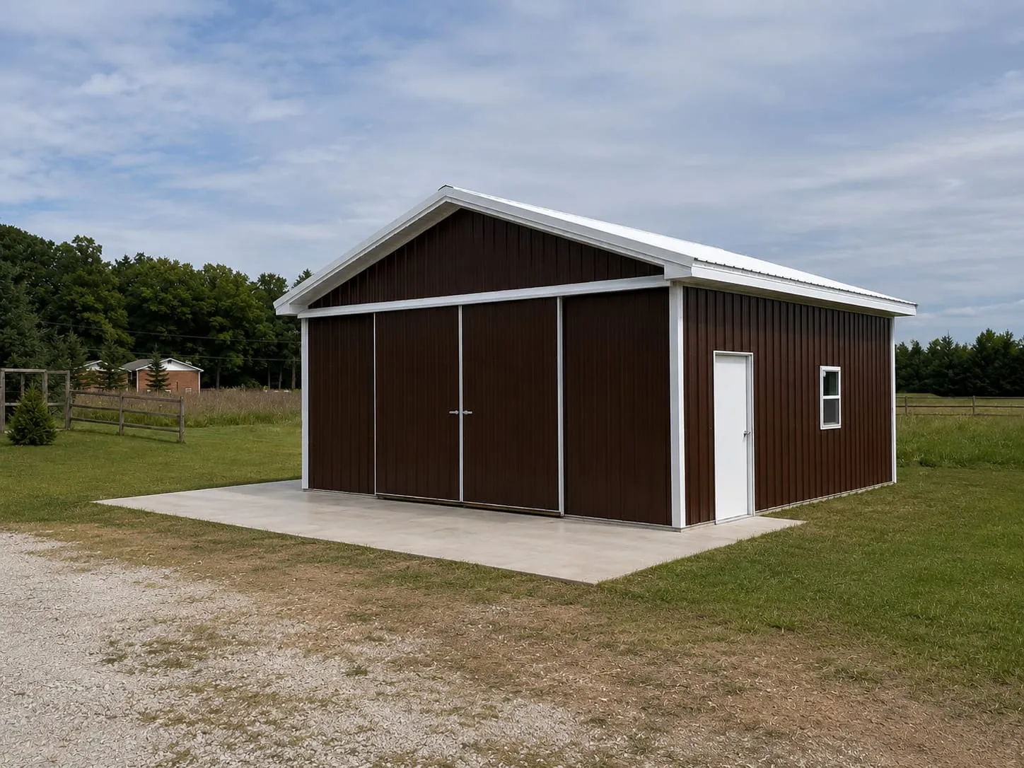 A finished dark-brown metal storage building with a side entry door