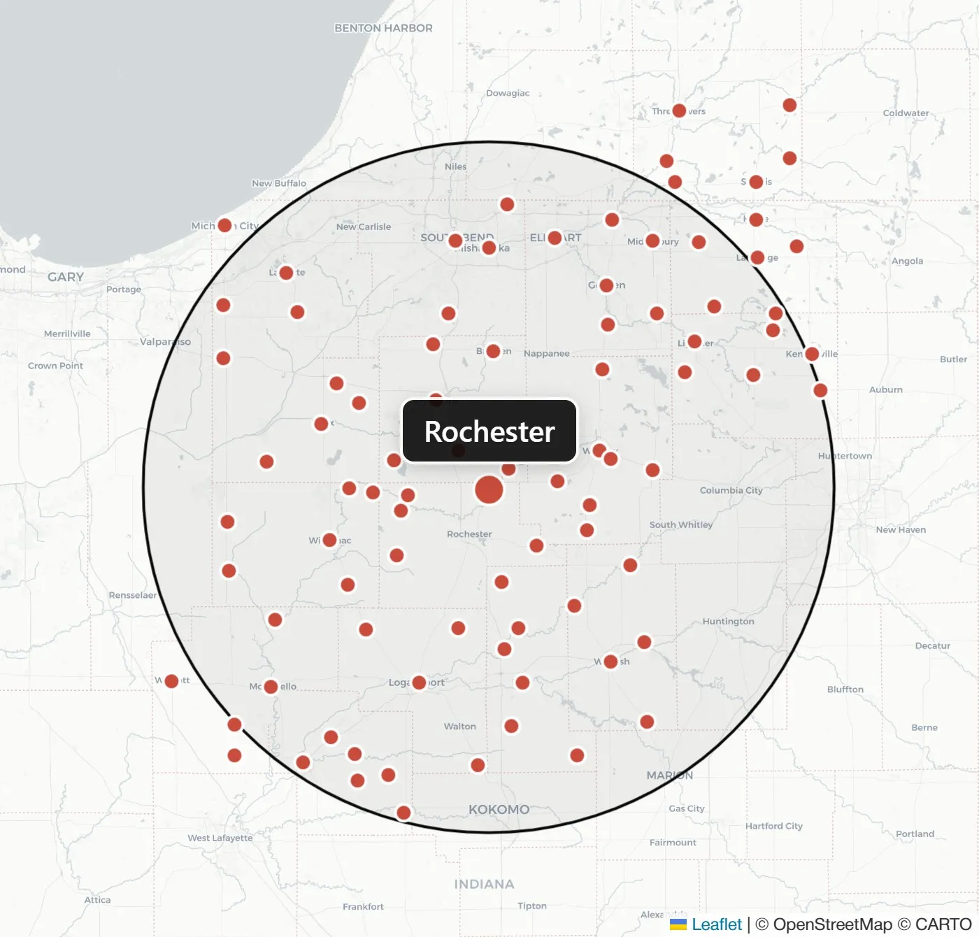 Map of L.A. Roofing's service area — within 50 miles of Rochester, Indiana