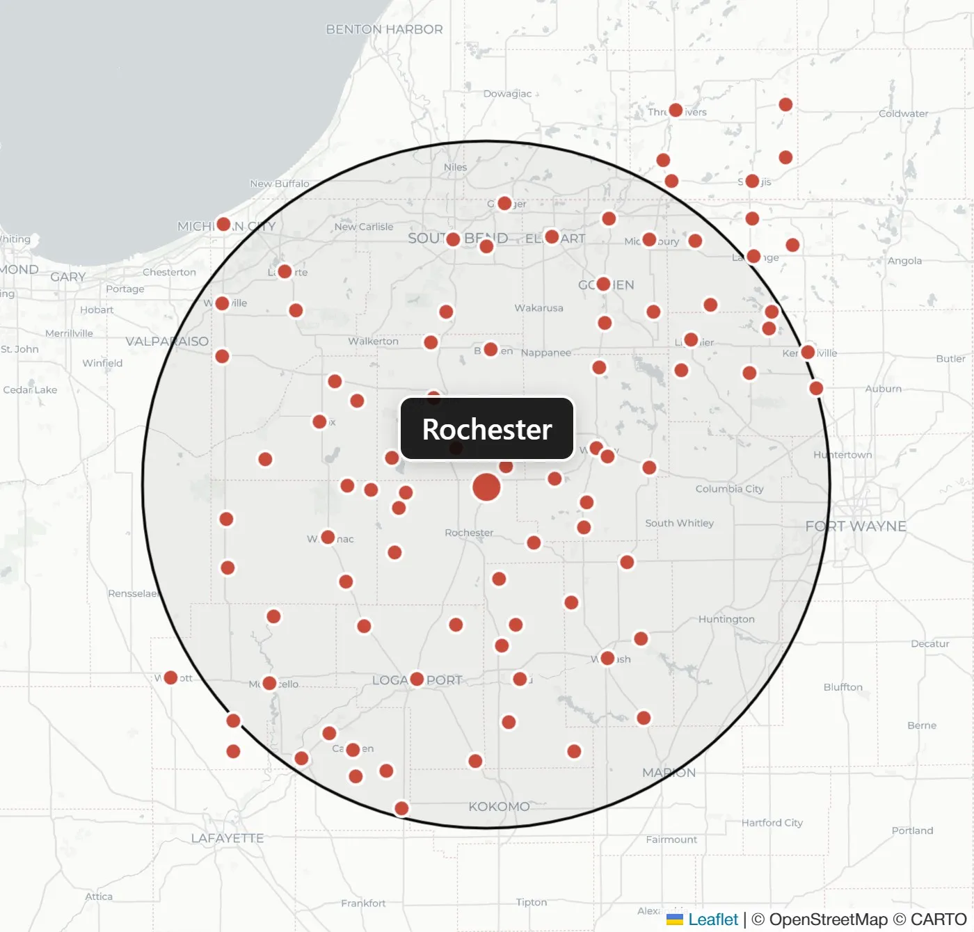 Map of L.A. Roofing's service area, within 50 miles of Rochester, Indiana