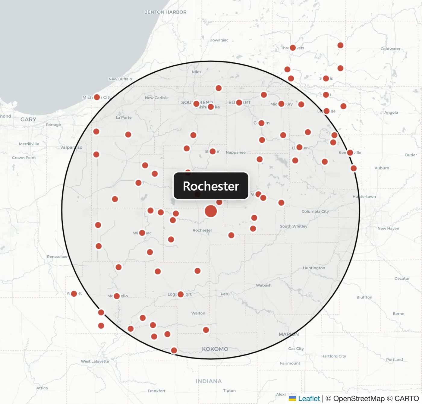 Map of L.A. Roofing's service area — within 50 miles of Rochester, Indiana