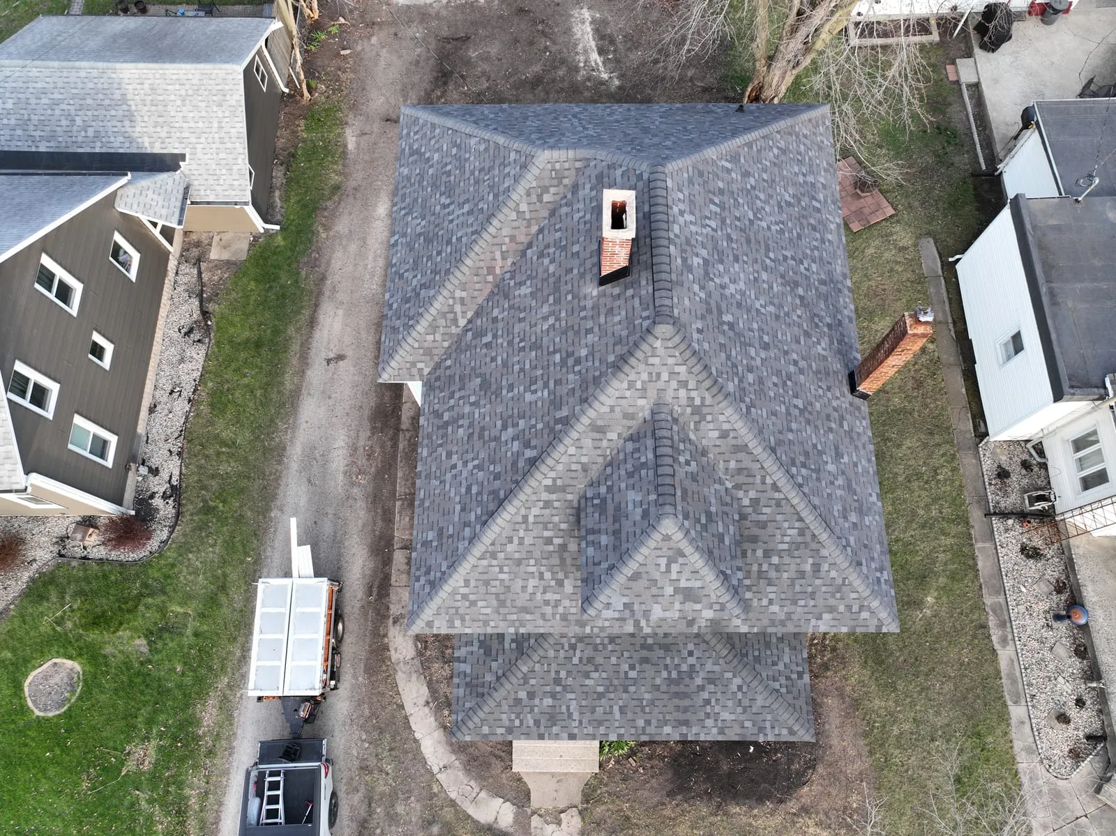 Charcoal shingle gable roof seen from above